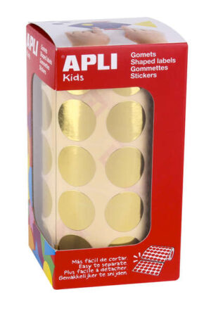 Apli Gomets Redondos Oro Metalizado - Tamaño Ø 20mm - Adhesivo Permanente - 1770 Gomets por Rollo - Ideal para Actividades Creativas y Educativas