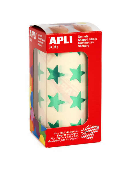 Apli Gomets Estrella Verde Metalizado - Tamaño 19.5mm - 1416 Gomets por Rollo - Adhesivo Permanente - Ideal para Escuelas y Talleres Infantiles - Cumple con Normas de Calidad y Seguridad
