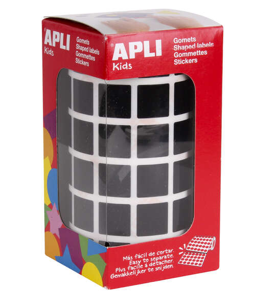 Apli Gomets Cuadrados Negros - 15 x 15mm - 59 Hojas Pretroqueladas - 2832 Gomets por Rollo - Ideal para Escuelas y Talleres Infantiles - Normas EN-71 y FSC - Adhesivo Base Agua - Materiales 100% Reciclables