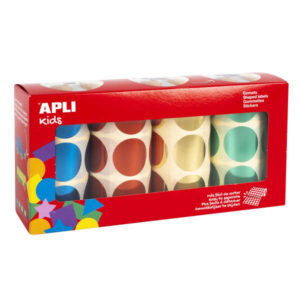 Apli Pack de 2.256 Gomets Redondos Ø 33mm - 4 Rollos de 564 Gomets - Adhesivo Permanente - Ideal para escuelas Infantiles y Colegios - Colores Metalizados Surtidos