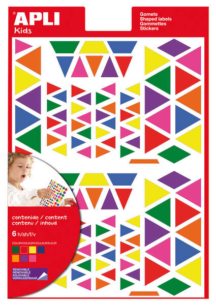 Apli Gomets Triangulares Removibles - Tamaños Surtidos - 648 Gomets por Bolsa - Desarrollo de Habilidades y Creatividad - Colores: Verde, Naranja, Rosa, Azul, Rojo, Lila y Amarillo