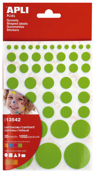 Apli Gomets Adhesivo Permanente - 1052 Gomets por Bolsa - Desarrollo de Habilidades Creativas y Psicomotrices - Cumple Normas EN-71 y FSC - Diferentes Formas y Tamaños - Colores Surtidos