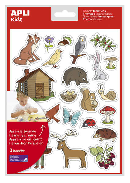 Apli Bolsa de Gomets Tematicos el Bosque - 69 Gomets en 3 Hojas - Ilustraciones Educativas de Animales y Objetos del Bosque - Adhesivo Removible - Adhesivo Base Agua - Libre de Disolventes - Colorido