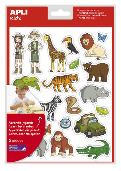 Apli Bolsa de Gomets Tematicos la Selva - 63 Gomets en 3 Hojas - Adhesivo Removible - Desarrollados con Educadores - Libre de Disolventes - Ilustraciones Divertidas - Enriquece Vocabulario - Habilidades Motoras - Coloridos