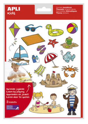 Apli Bolsa de Gomets Tematicos la Playa - 66 Gomets en 3 Hojas - Ilustraciones de Animales y Objetos de la Playa - Adhesivo Removible - Adhesivo Base Agua - Libre de Disolventes - Papeles ECF - Colorido