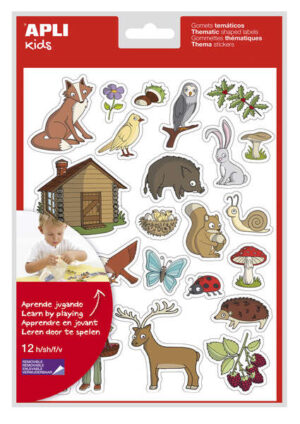Apli Bolsa de Gomets Tematicos el Bosque - 276 Gomets en 12 Hojas - Adhesivo Removible - Ideal para Escuelas - Libre de Disolventes - Reciclable - Tematica de Animales y Objetos del Bosque Colorido