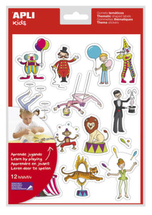 Apli Bolsa de Gomets Tematicos el Circo - 168 Gomets en 12 Hojas - Adhesivo Removible - Ideal para Escuelas - Adhesivo Base Agua - Libre de Disolventes - Divertidas Ilustraciones - Colorido Circo