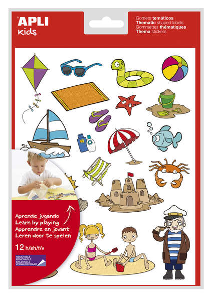 Apli Gomets Tematicos la Playa - 264 Gomets en 12 Hojas - Ilustraciones de Animales y Objetos de la Playa - Adhesivo Removible - Ideal para Escuelas - Adhesivo Base Agua - Libre de Disolventes - Colorido