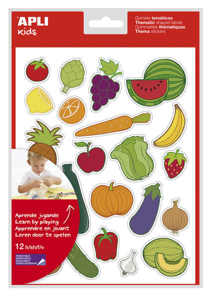 Apli Bolsa de Gomets Tematicos Frutas y Verduras - 276 Gomets - Adhesivo Removible - Desarrollados con Educadores - Ideal para Escuelas - Normas EN-71 y FSC - Coloridos