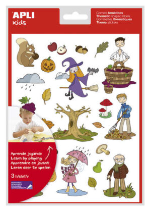 Apli Bolsa de Gomets Tematicos el Otoño - 72 Gomets en 3 Hojas - Adhesivo Removible - Ilustraciones Educativas - Adhesivo Base Agua - Libre de Disolventes - Coloridos