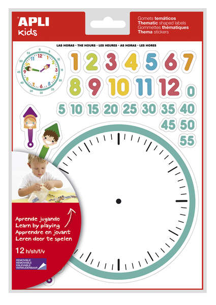 Apli Gomets Tematicos las Horas - 360 Gomets en 12 Hojas - Ayuda en el Aprendizaje de las Horas y Habilidades Motoras - Adhesivo Removible - Ideal para Escuelas - Adhesivo Base Agua - Libre de Disolventes - Colorido
