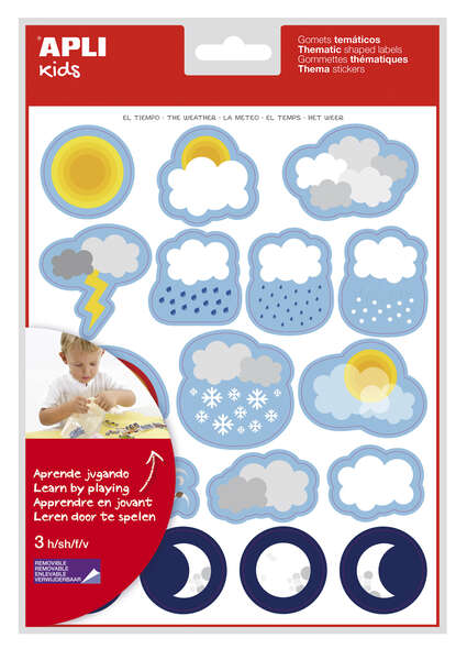 Apli Bolsa de Gomets Tematicos el Tiempo - 51 Gomets en 3 Hojas - Adhesivo Removible - Desarrollados con Educadores - Adhesivo Base Agua - Libre de Disolventes - Divertidas Ilustraciones - Enriquece Vocabulario - Habilidades Motoras - Coloridos