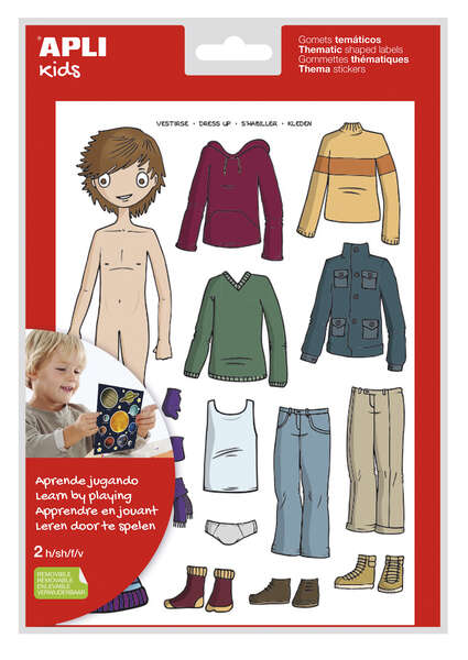 Apli Bolsa de Gomets Tematicos Vestirse Niño - 35 Gomets - Adhesivo Removible - Desarrollados con Educadores - Normas EN-71 y FSC - Adhesivo Base Agua - Libre de Disolventes - ECF - 100% Reciclables - Colorido