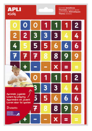 Apli Bolsa de Gomets Tematicos los Numeros - 210 Gomets en 3 Hojas - Adhesivo Removible - Aprendizaje de Numeros y Calculo Mental - Adhesivo Base Agua - Libre de Disolventes - Color Variado