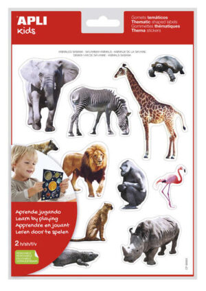 Apli Gomets Tematicos Realistas Animales Sabana - 24 Gomets - Adhesivo Removible - Desarrollados con Educadores - Ideal para Habilidades Motoras - Adhesivo Base Agua - Libre de Disolventes - Coloridos