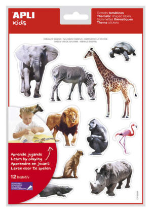 Apli Gomets Tematicos Realistas Animales Sabana - 144 Gomets - Adhesivo Removible - Ideal para Desarrollar Habilidades Motoras - Adhesivo Base Agua - Libre de Disolventes - Coloridos