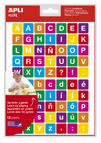 Apli Gomets Tematicos Letras - 12 Hojas (840 Gomets) - Adhesivo Removible - Ideal para Aprendizaje de Lectura y Escritura - Adhesivo Base Agua - Libre de Disolventes - Color Variado