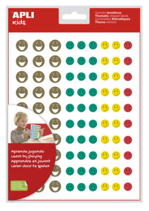 Apli Gomets Cara Feliz Mini - 180 Gomets por Bolsa - 4 Estilos de Cara Diferentes - Adhesivo Removible - Motivan y Premian - Enseñan a Expresar Sentimientos- Adhesivo Base Agua - Libre de Disolventes - Colorido