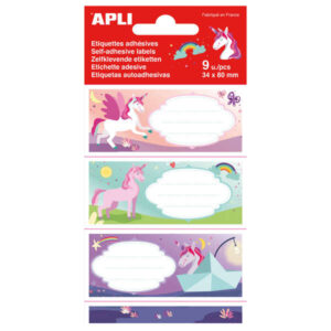 Apli Etiquetas Adhesivas Escolares Unicornios - Tamaño 81x36mm - 9 Etiquetas (3 por Diseño) - Adhesivo Permanente de Alta Calidad - Ideal para Marcar e Identificar Libros, Cuadernos, Carpetas, Etc - Color Multicolor