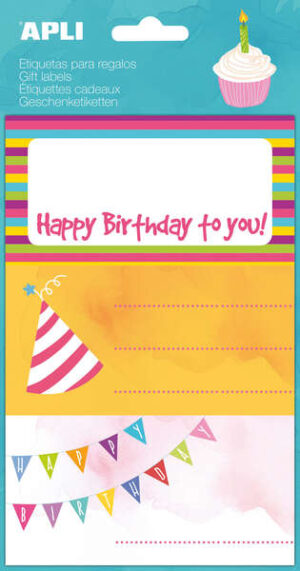 Apli Etiquetas Adhesivas Happy Birthday - Tamaño 76x39mm - 9 Etiquetas en 3 Hojas - Adhesivo Permanente de Alta Calidad - Ideal para Marcar e Identificar Regalos - Diseño Alegre y Colorido