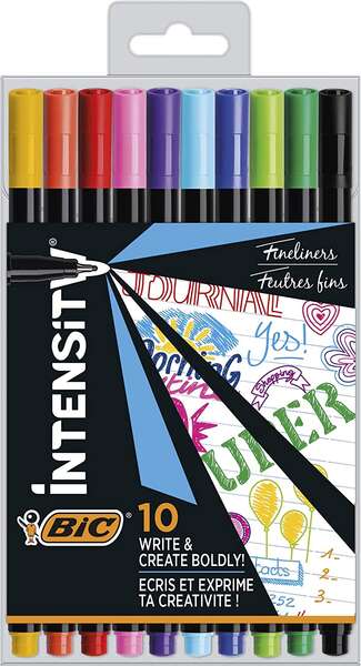 Bic Intensity Fine Pack de 10 Rotuladores - Punta Fina de 0.8mm - Trazo de 0.4mm - Tinta con Base de Agua - Colores Surtidos