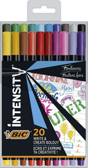 Bic Intensity Fine Pack de 20 Rotuladores - Punta Fina de 0.8mm - Trazo de 0.4mm - Tinta con Base de Agua - Colores Surtidos