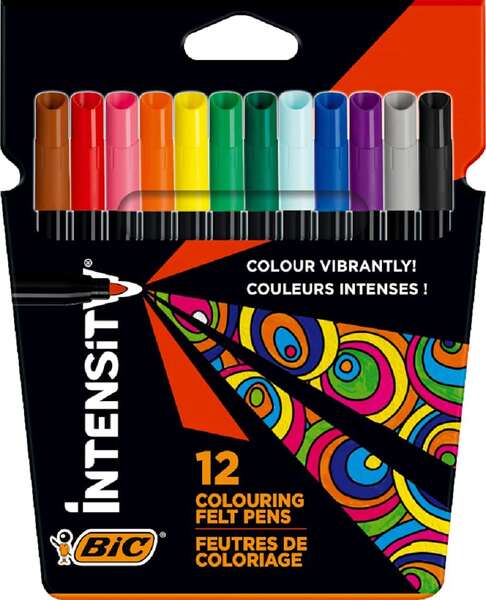 Bic Intensity Pack de 12 Rotuladores - Punta 0.9mm - Tinta con Base de Agua Lavable - Colores Surtidos