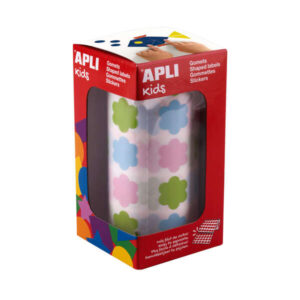 Apli Kids Rollo de 900 Gomets con Forma de Flor - Adhesivo Base Agua - Libre de Disolventes - Materiales 100% Reciclables - Colores Azul, Verde y Rosa Pastel