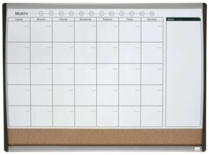 Nobo Planificador Pizarra Magnetica Pequeña con Tablero de Anuncios de Corcho 585x430mm - Semanal y Mensual - Marco Plateado y Negro - Incluye Rotulador