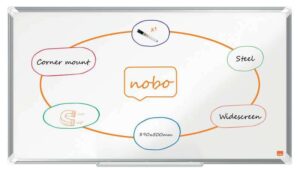 Nobo Premium Plus Pizarra Magnetica de Acero Lacado Panoramica 890x500mm - Montaje en Esquina - Blanco