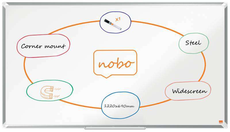 Nobo Premium Plus Pizarra Magnetica de Acero Lacado Panoramica 1220x690mm - Montaje en Esquina - Blanco