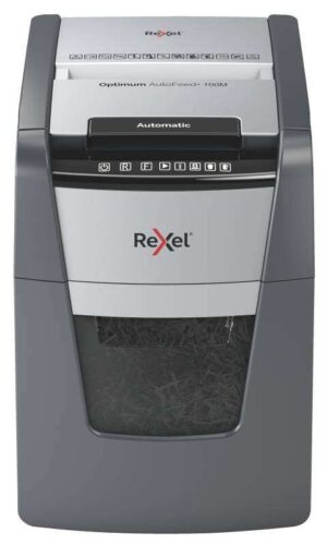 Rexel Optimum Autofeed 100M Destructora Automatica de Microcorte P-5 - Autoalimentacion 100 Hojas, Manual 6 Hojas - Ultrasilenciosa - Color Gris/Plata