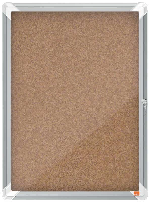 Nobo Vitrina para 4 Hojas A4 con Superficie de Corcho - 532x692x37mm - Puerta de Cristal de Seguridad - Marco de Aluminio - Color Natural