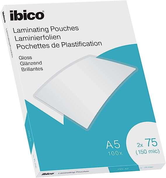 Ibico Caja de 100 Laminas para Plastificar Gloss A5 75 Micras - Acabado Brillante - Plastifica Papel, Fotos, Tarjetas de Visita, Recursos Escolares y Mas - Transparentes