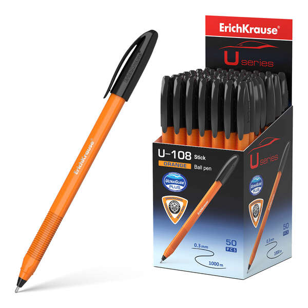 Erichkrause U-108 Boligrafo Clasico Orange - Punta de Bola 0.7mm - Trazo de 0.26mm - Tapa Ventilada - Cuerpo Opaco Naranja - Ultra Glide Technology - Color Negro