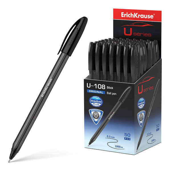 Erichkrause U-108 Boligrafo Clasico - Punta de Bola 1.0mm - Trazo de 0.3mm - Tapa Ventilada - Cuerpo Translucido y Tintado - Ultra Glide Technology - Color Negro