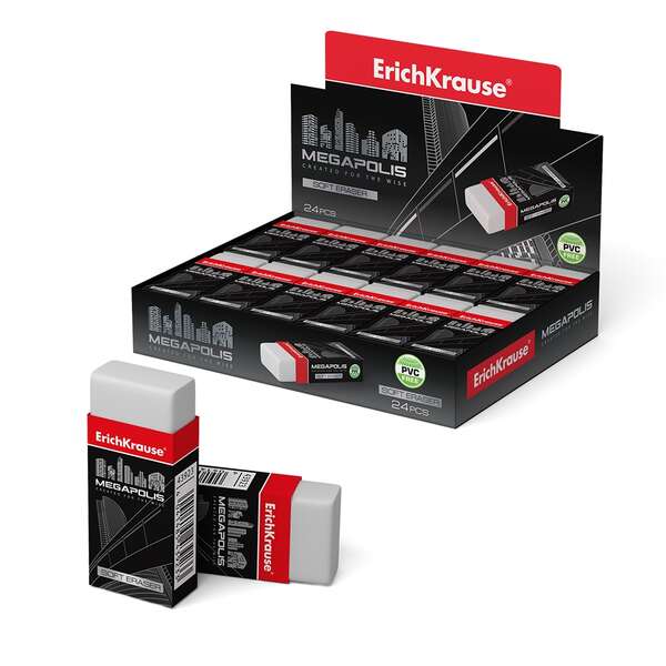 Erichkrause Megapolis Goma de Borrar Suave - Fabricada de Caucho Termoplastico Hipoalergenico - Ecologica y Moderna - Envoltorio de Carton - Sin PVC - Color Blanco