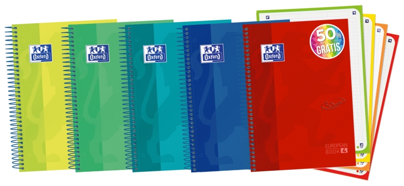 Oxford School Touch A5+ Europeanbook Libreta Espiral 120 Hojas Cuadricula 5x5 con Bandas de Color - Tapa Extradura con Tacto Suave - Colores Surtidos
