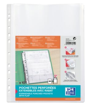 Oxford A4 Fundas Multitaladro Gran Capacidad - con Fuelle y Solapa - Polipropileno 200µ - Acabado Cristal