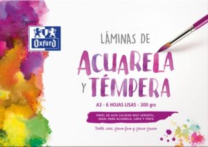Oxford Pintura Escolar - Sobre de Laminas de Acuarela y Tempera A3 - 6 Hojas de 300gr - Papel Liso de Alta Calidad