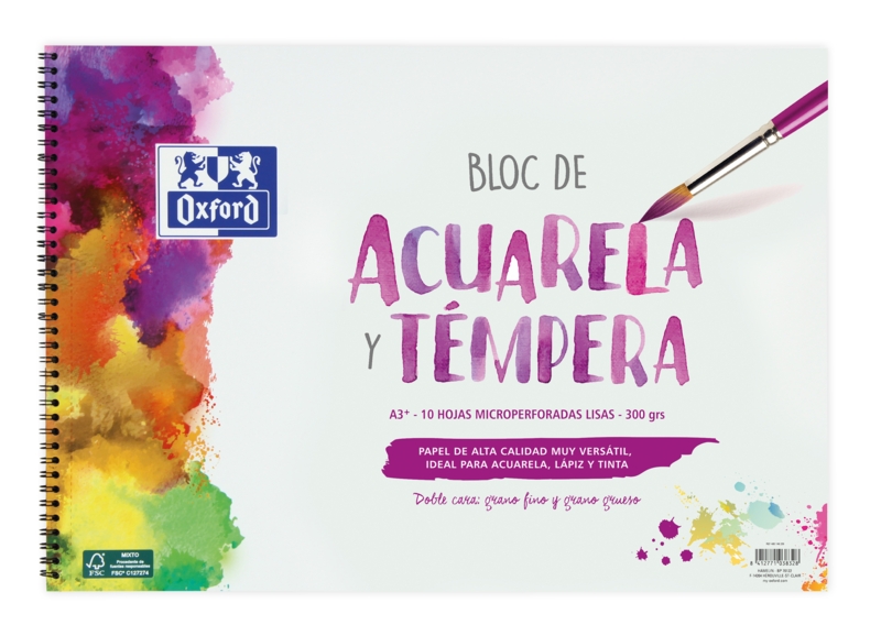 Oxford Pintura Escolar Bloc Espiral Acuarela y Tempera A3+ - Tapa Blanda/Contratapa Rigida - 10 Hojas - 300gr Liso