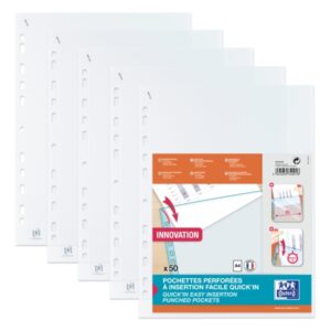 Oxford Quick'In A4 Pack de 50 Fundas Multitaladro Polipropileno Estandar Cristal 50 micras - 11 Taladros - Facil Insercion - Transparente