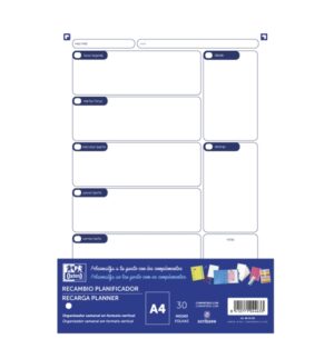 Oxford Recambio Planificador A4 30 Hojas - No Fechado - Ideal para Organizar tus Tareas Diarias - Compatible con la Mayoria de los Planificadores A4