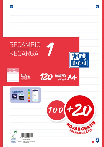 Oxford School Recambio A4 120 Hojas 1 Linea - 4 Taladros - Banda de Color Rojo