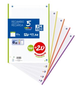 Oxford School Pack de 5 A4 Recambio - 4x4 Promocion - 100+20 Hojas - Colores Surtidos