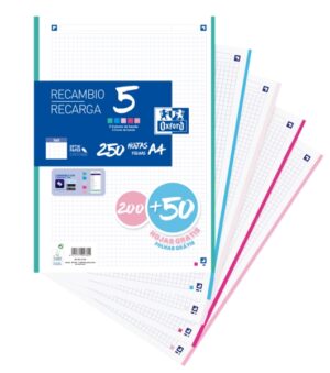 Oxford School Pack de 5 A4 Recambio - 200+50 Hojas - Colores Surtidos