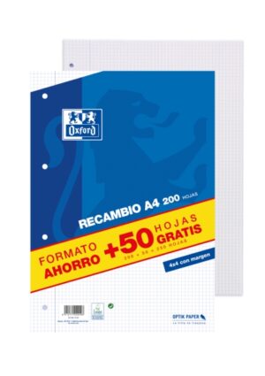 Oxford School Classic A4 Recambio - Paquete 4x4 con Margen - 200 Hojas + 50 Hojas Gratis
