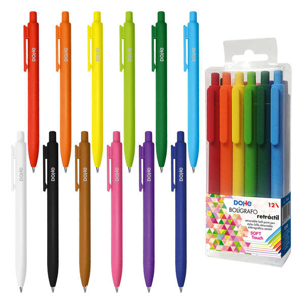 Dohe Pack de 12 Boligrafos Retractiles Tacto Soft - Punta Bola Metalica de 1mm - Trazo de 0,4mm - Tinta del Color del Boligrafo - Cuerpo y Tinta en Colores Surtidos