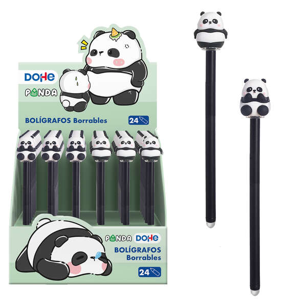Dohe Expositor de 24 Boligrafos Tinta Borrable - Punta Bola Metalica 1mm - Trazo 0.5mm - Tapa Decorada Motivos Oso Panda - Tinta Azul