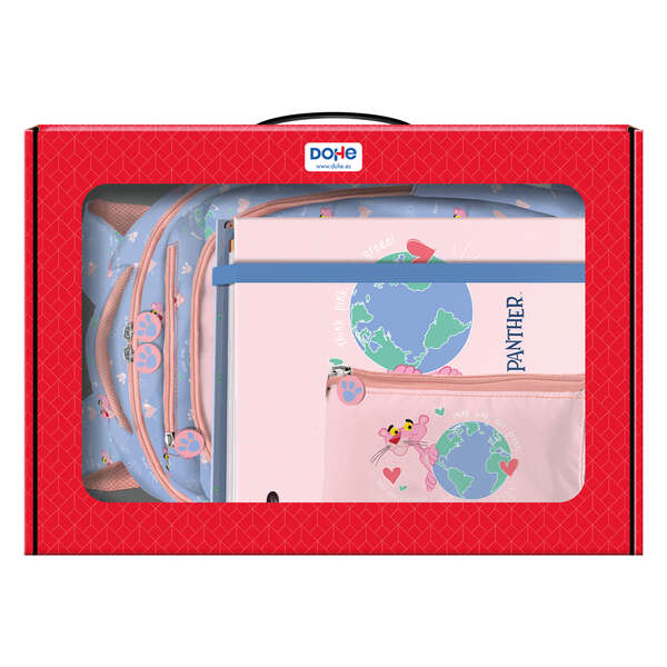 Dohe Pack Mochila, Carpeta y Portatodo Pink Panther - Maletin Regalo 365x515x105mm - Carpeta A4 Recambio - Mochila 3 Compartimentos Grande - Portatodo Triple